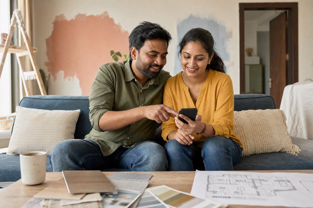 Couple at home choosing options on an interior quotation on their phone