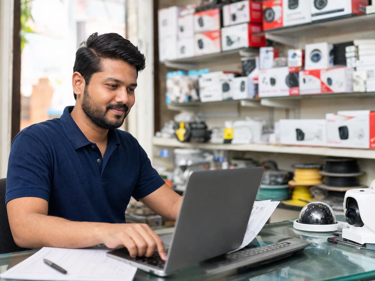 CCTV business owner preparing a GST invoice on his laptop at his shop