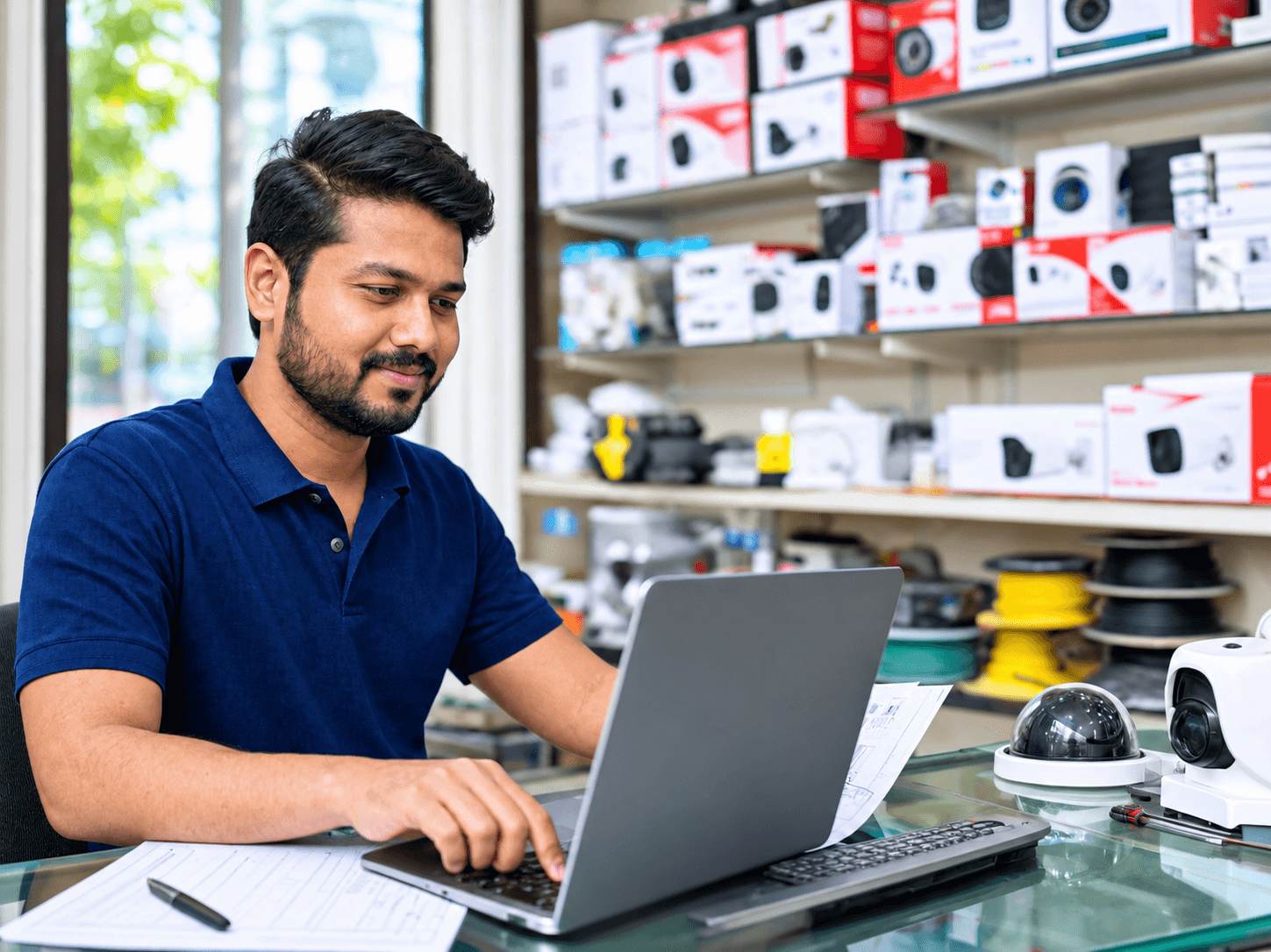 CCTV business owner preparing a GST invoice on his laptop at his shop