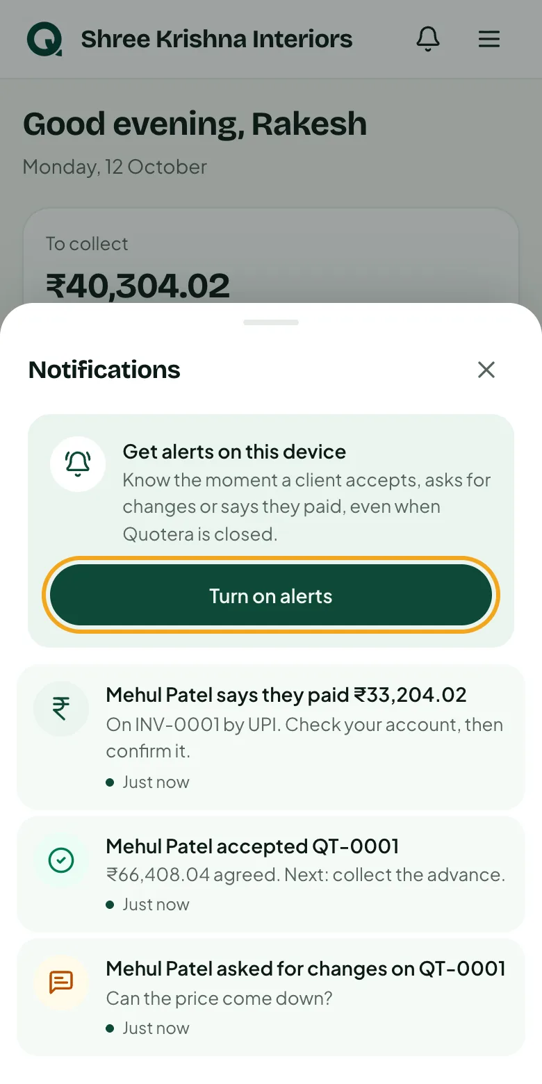 Alerts, with Turn on alerts for this phone