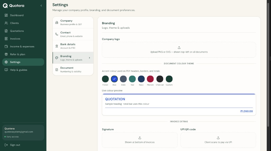 Branding tab - logo, colours, signature, UPI QR