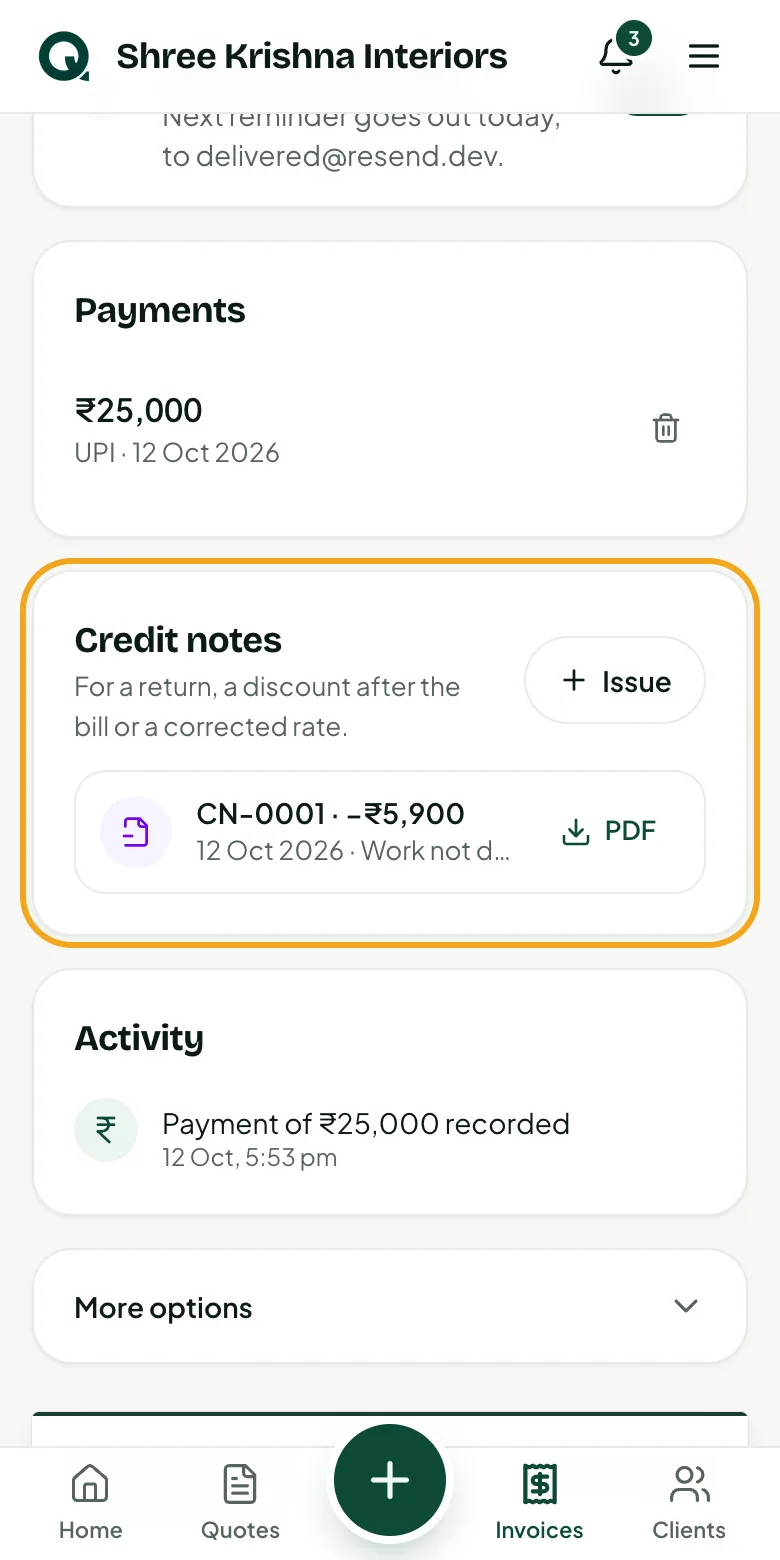 The credit note listed, with what's still due