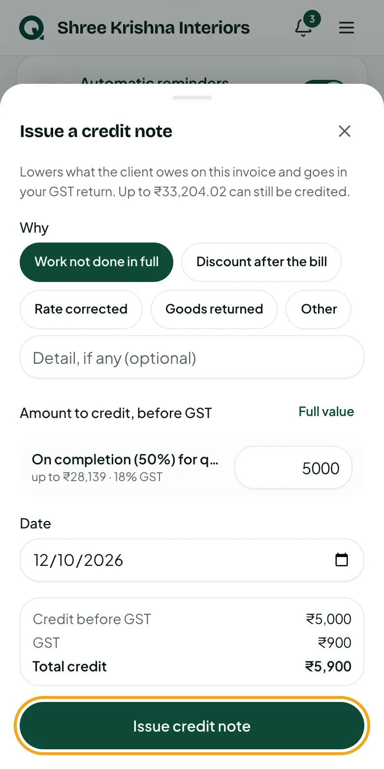 Issuing a credit note: reason and amount per line