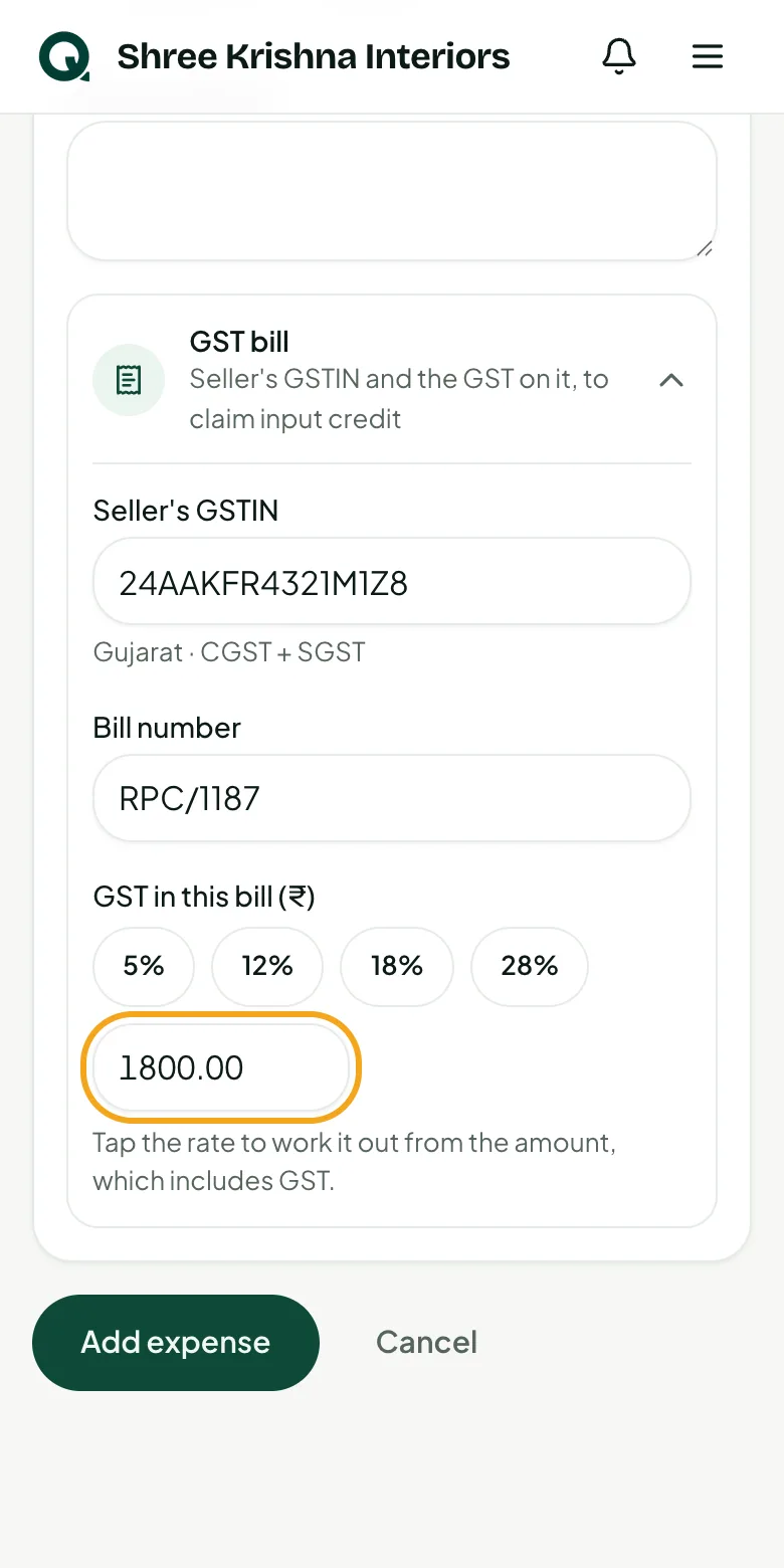 An expense with the seller's GSTIN and the GST