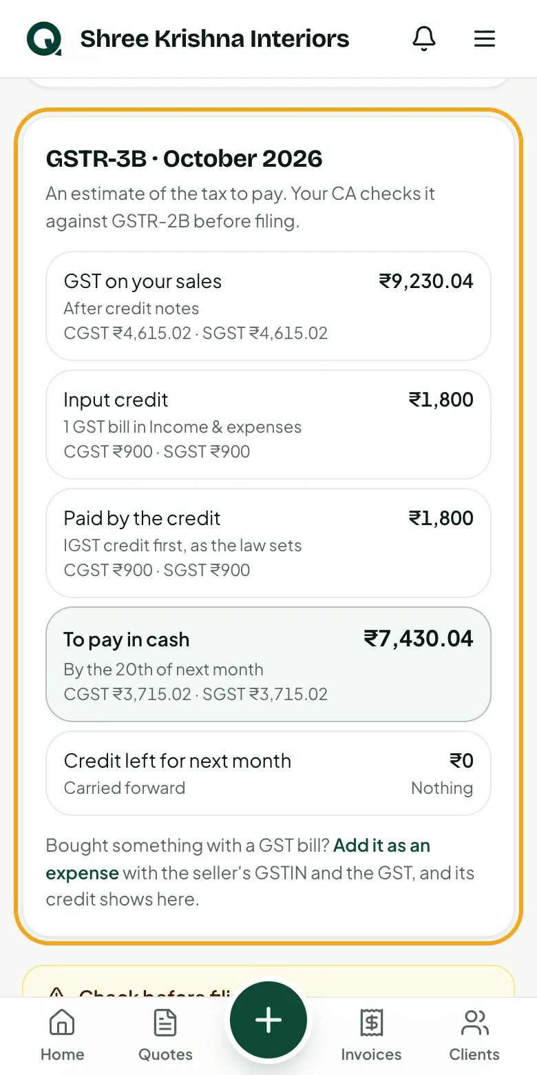 GSTR-3B: tax on sales, input credit, cash to pay