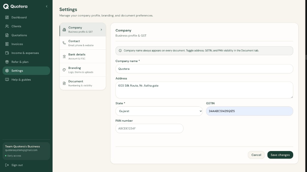 Settings with five tabs