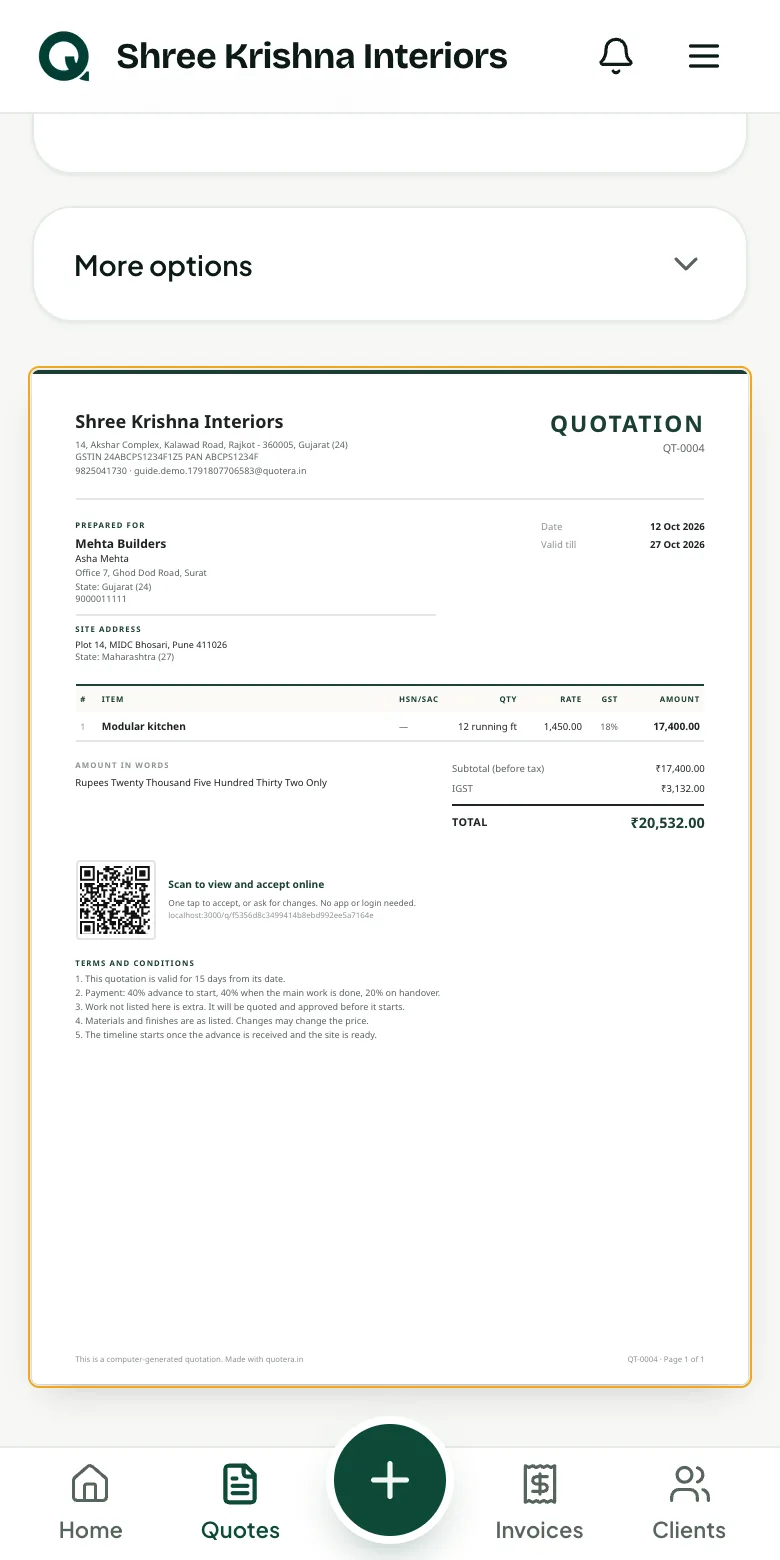 The quotation with the site address under the client